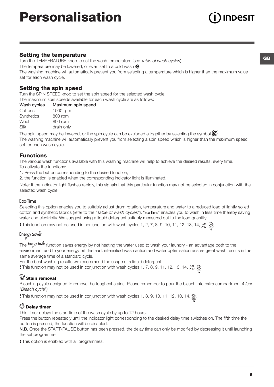 Personalisation | Indesit IWSNC-51051X9-EU User Manual | Page 9 / 48