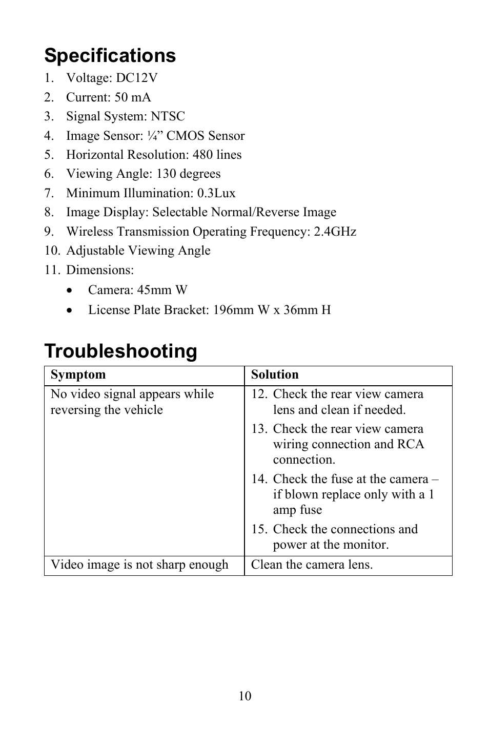 Specifications, Troubleshooting | Audiovox Aca200w User Manual | Page 10 / 20