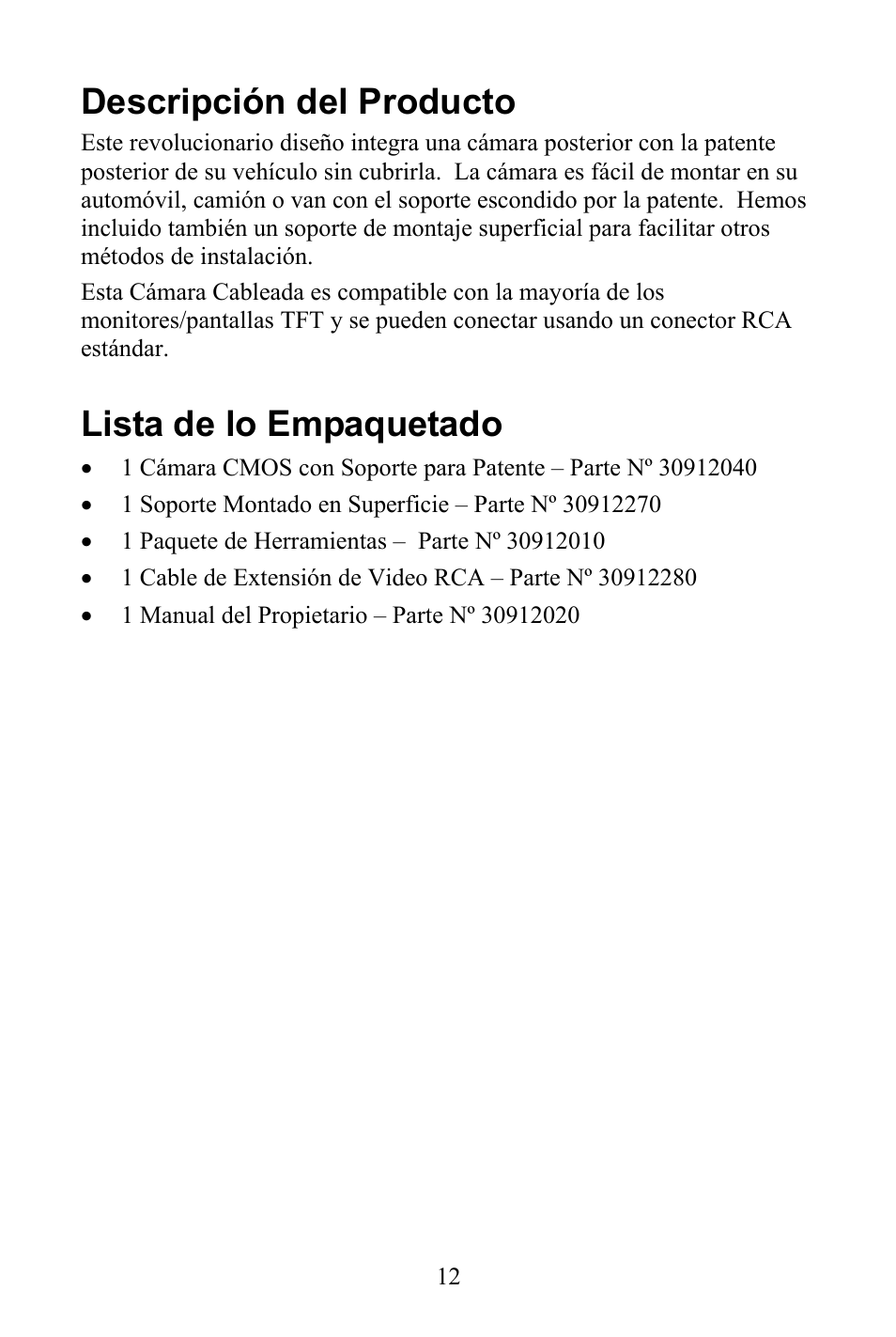 Descripción del producto, Lista de lo empaquetado | Audiovox Aca200w User Manual | Page 12 / 20