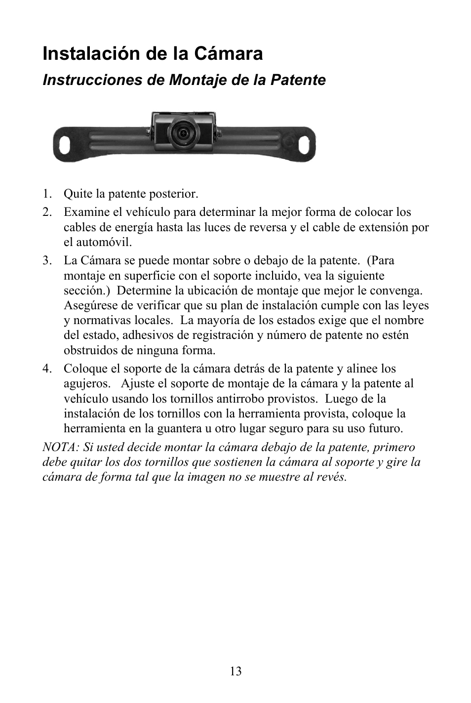 Instalación de la cámara, Instrucciones de montaje de la patente | Audiovox Aca200w User Manual | Page 13 / 20