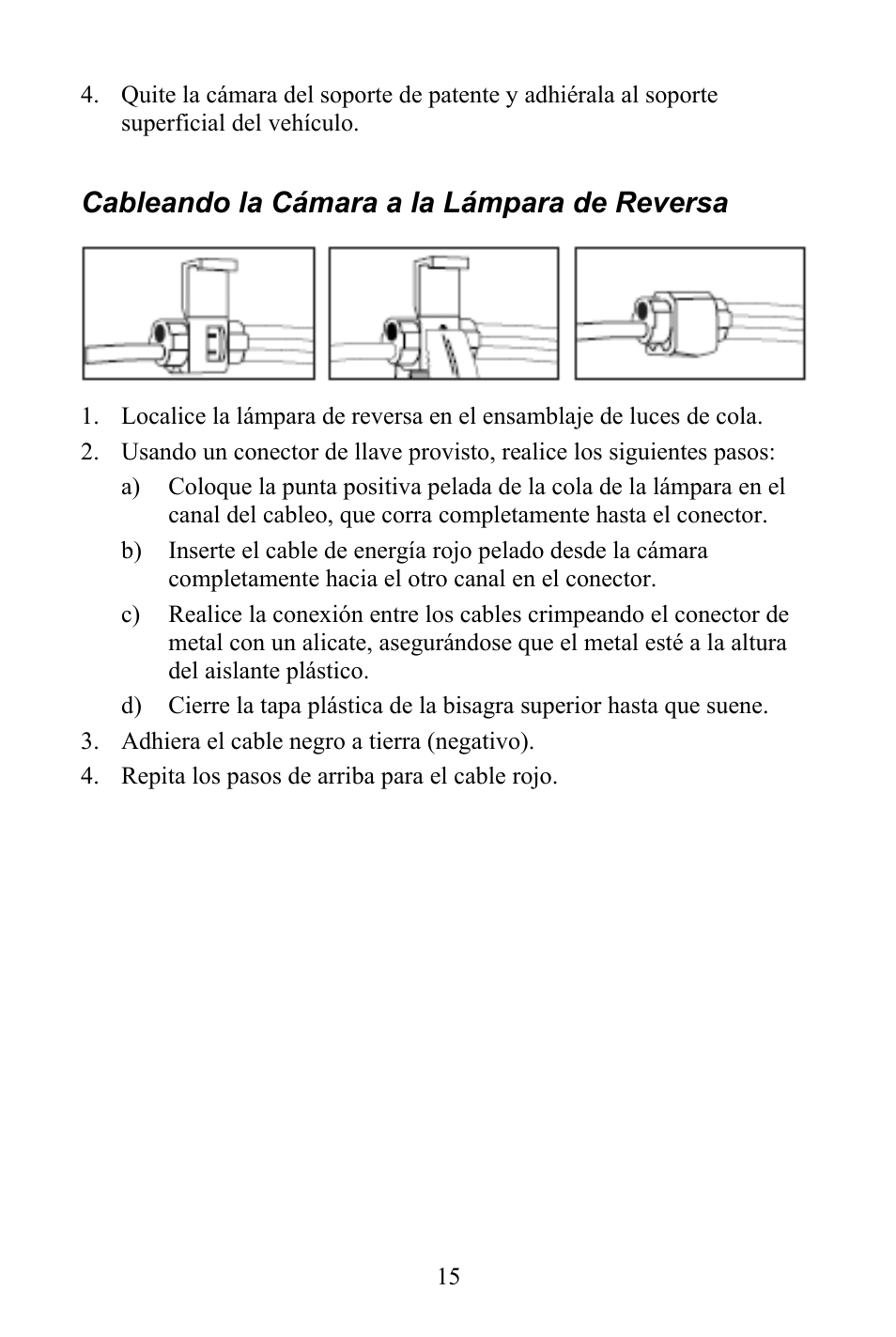 Cableando la cámara a la lámpara de reversa | Audiovox Aca200w User Manual | Page 15 / 20