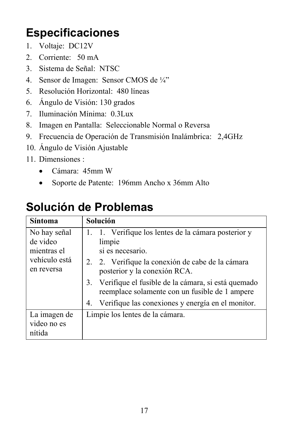 Especificaciones, Solución de problemas | Audiovox Aca200w User Manual | Page 17 / 20