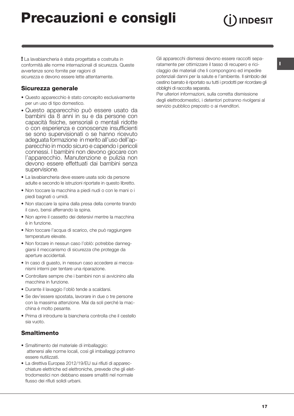 Precauzioni e consigli | Indesit IWC-71283-C-ECO-EU User Manual | Page 17 / 84