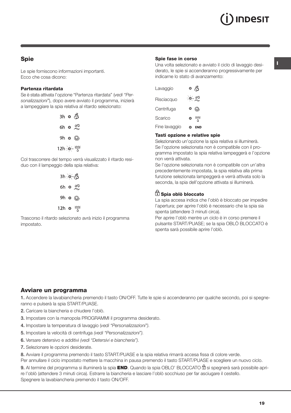 Spie, Avviare un programma | Indesit IWC-71283-C-ECO-EU User Manual | Page 19 / 84