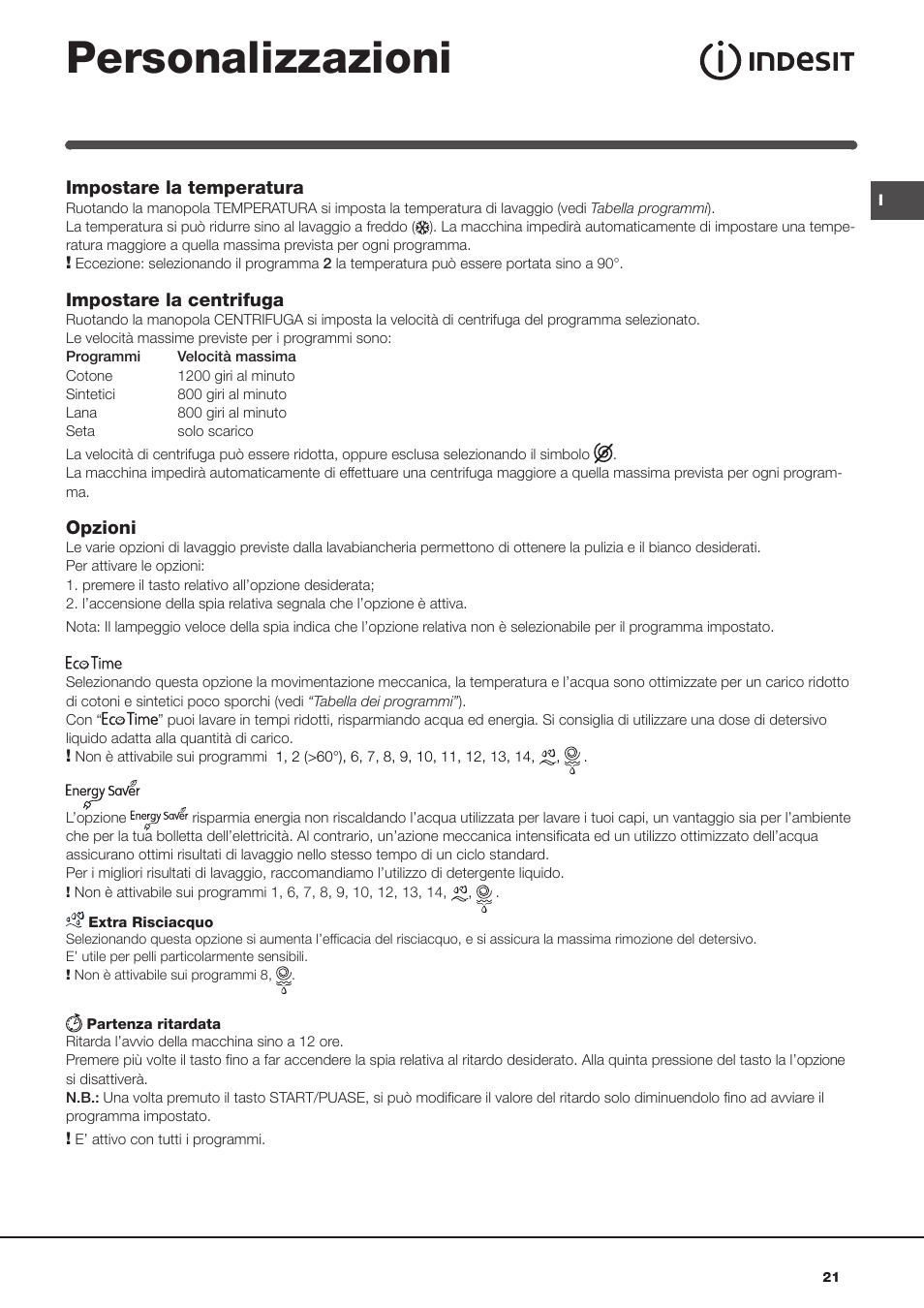 Personalizzazioni | Indesit IWC-71283-C-ECO-EU User Manual | Page 21 / 84