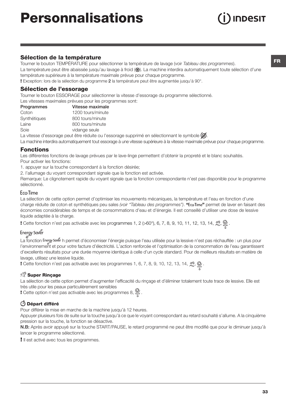Personnalisations | Indesit IWC-71283-C-ECO-EU User Manual | Page 33 / 84