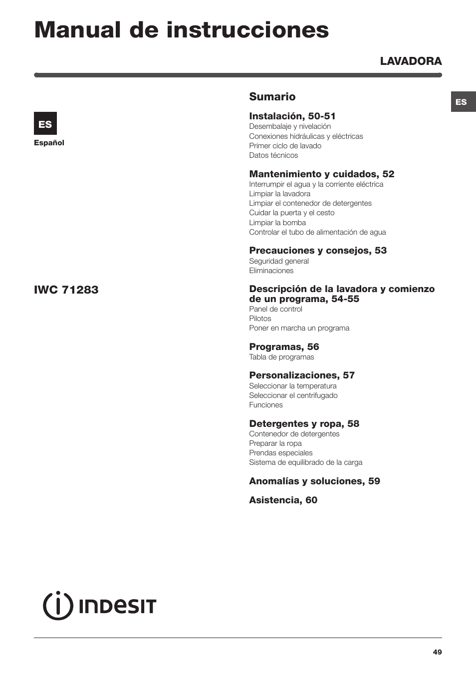 Manual de instrucciones | Indesit IWC-71283-C-ECO-EU User Manual | Page 49 / 84