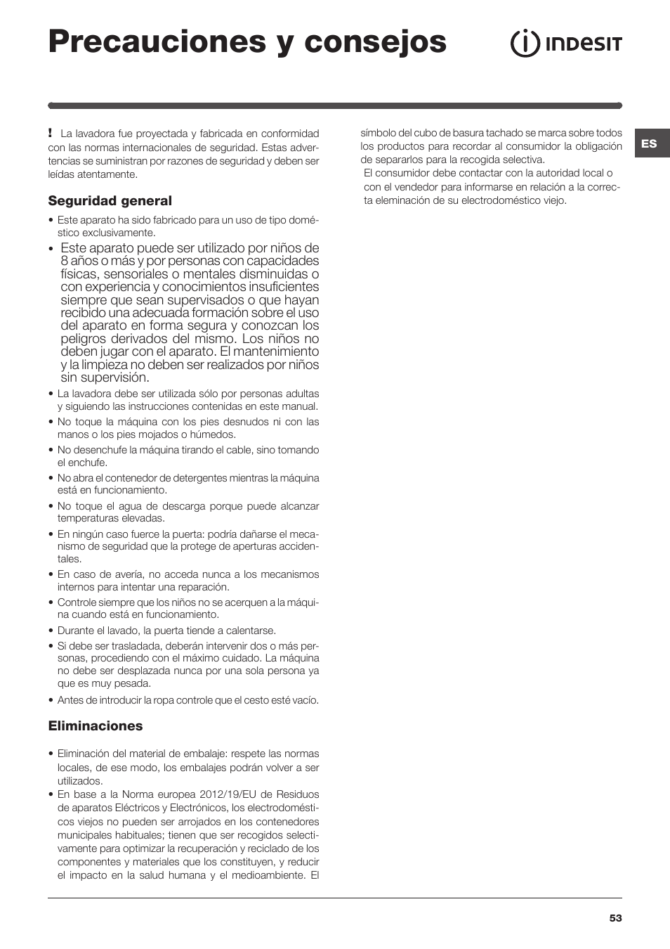 Precauciones y consejos | Indesit IWC-71283-C-ECO-EU User Manual | Page 53 / 84