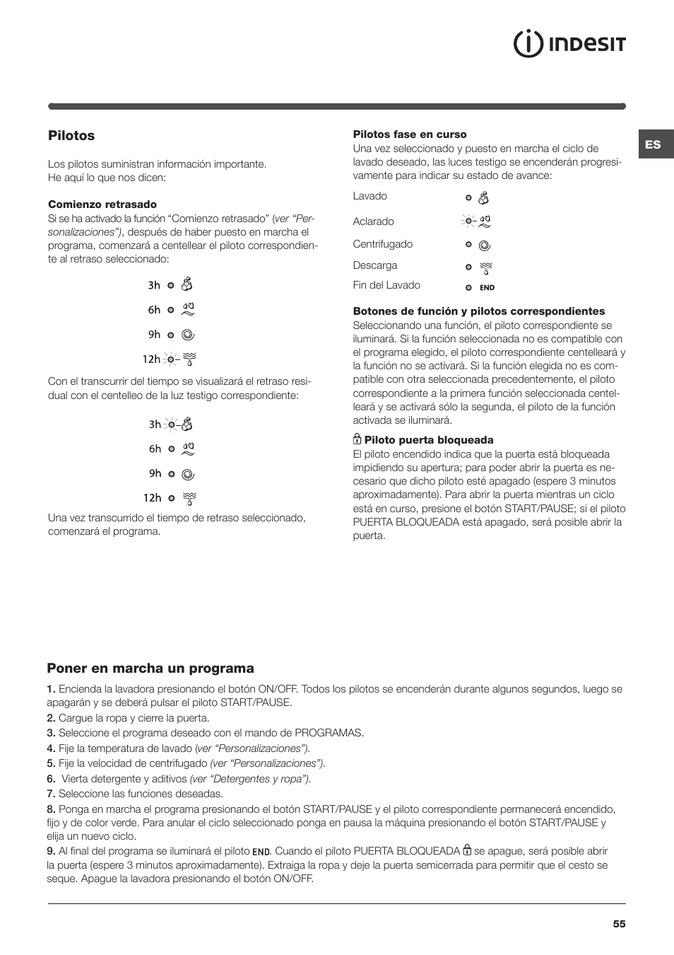 Pilotos, Poner en marcha un programa | Indesit IWC-71283-C-ECO-EU User Manual | Page 55 / 84