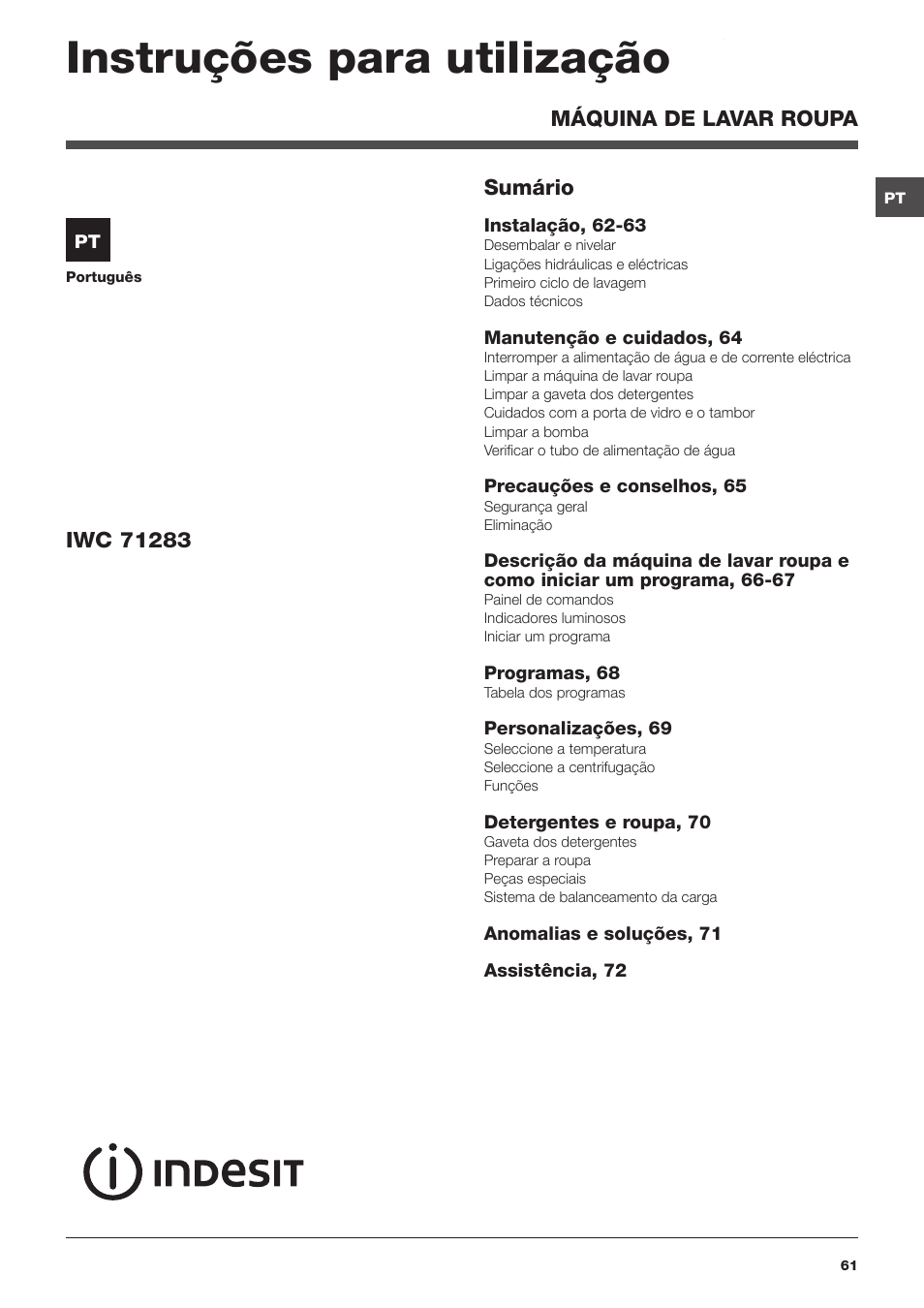 Instruções para utilização | Indesit IWC-71283-C-ECO-EU User Manual | Page 61 / 84