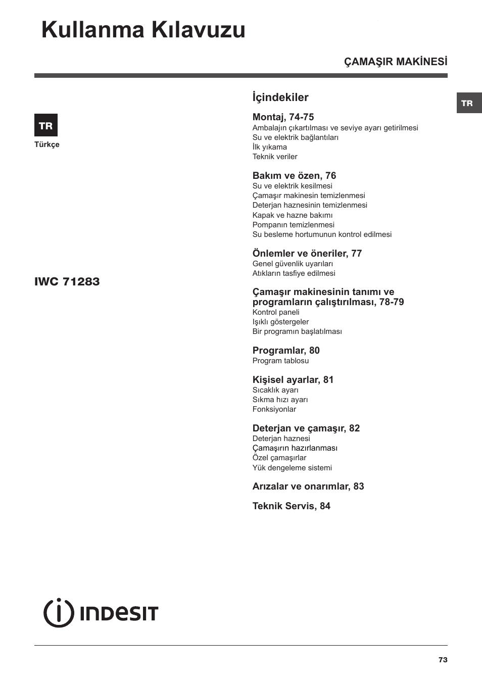 Kullanma kılavuzu, Içindekiler | Indesit IWC-71283-C-ECO-EU User Manual | Page 73 / 84