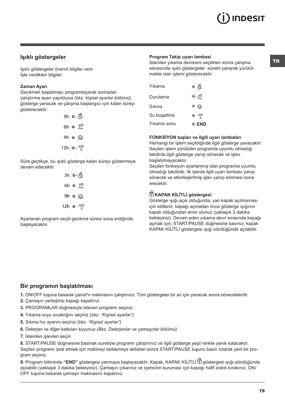 Işıklı göstergeler, Bir programın başlatılması | Indesit IWC-71283-C-ECO-EU User Manual | Page 79 / 84