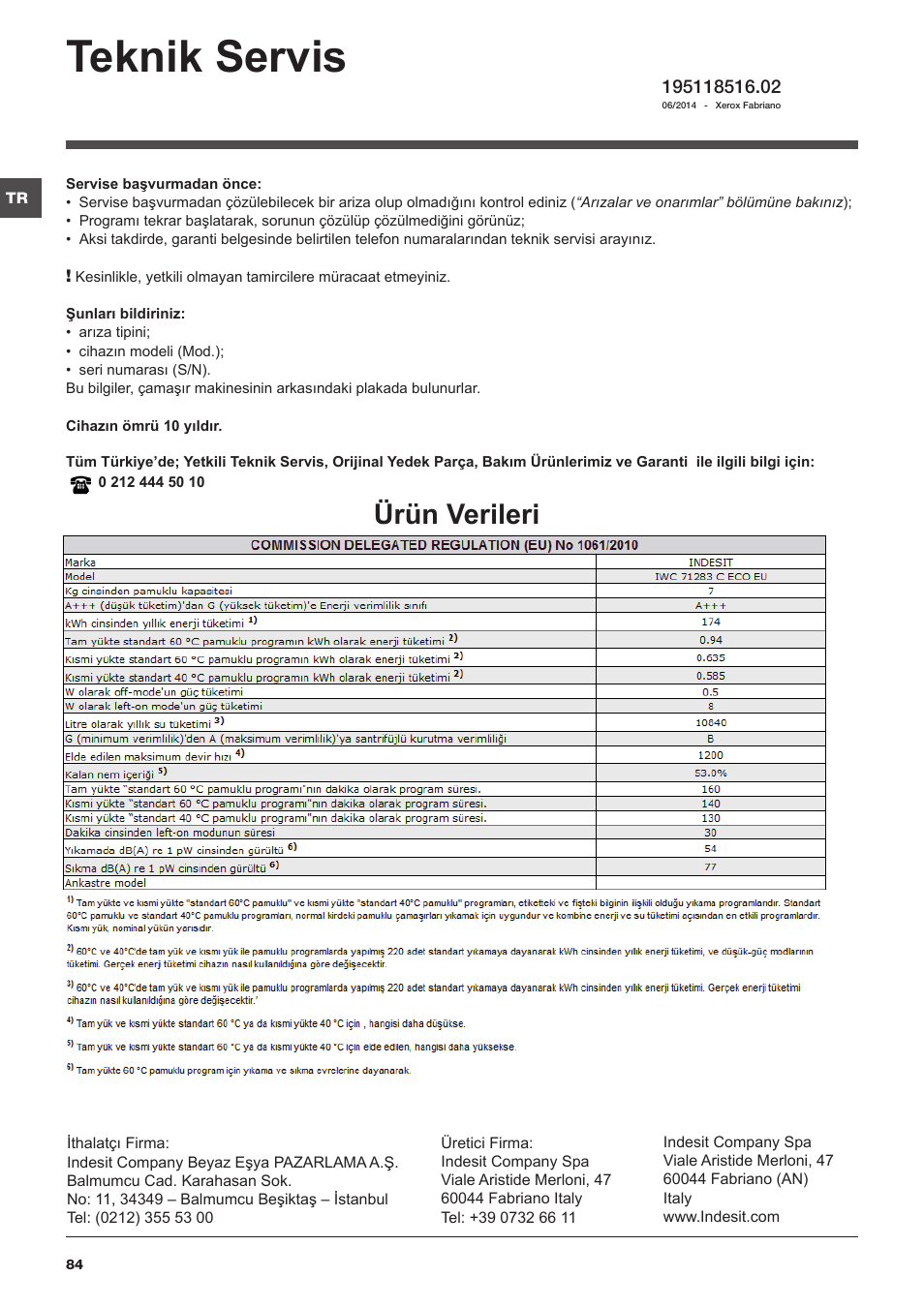 Teknik servis, Ürün verileri | Indesit IWC-71283-C-ECO-EU User Manual | Page 84 / 84
