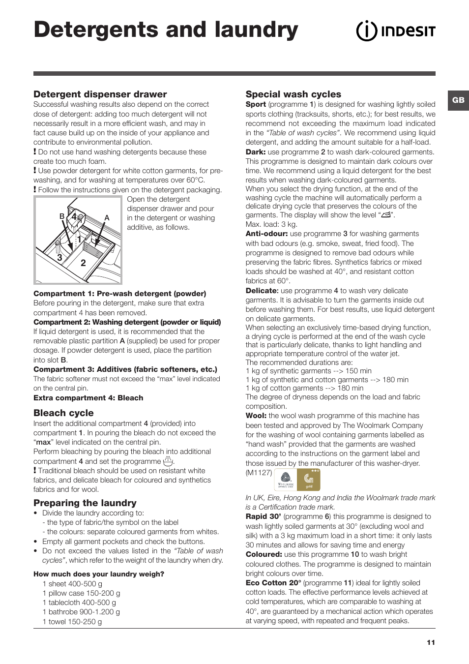 Detergents and laundry | Indesit XWDE-861480X-W-EU User Manual | Page 11 / 84