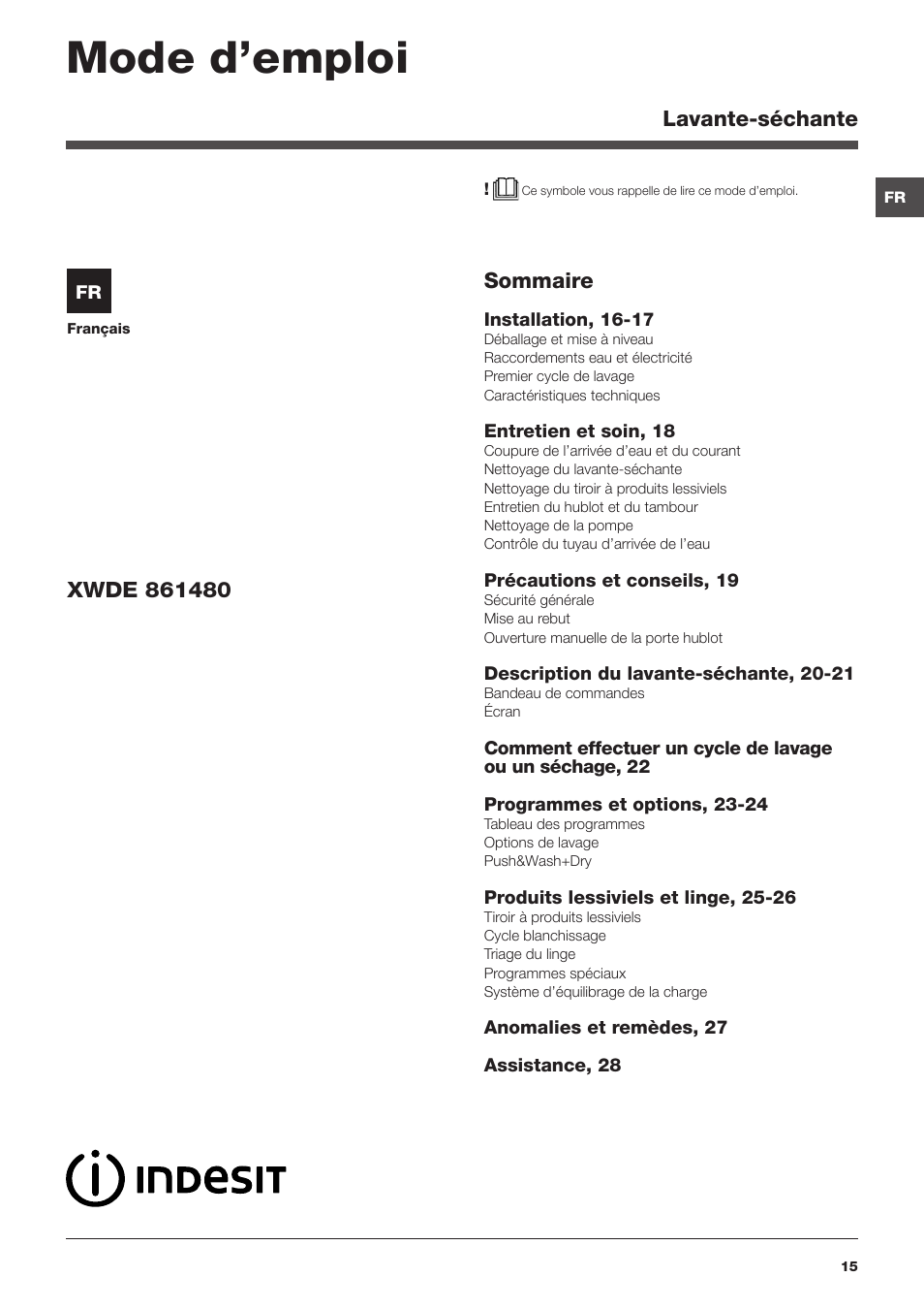 Mode d’emploi, Lavante-séchante, Sommaire | Indesit XWDE-861480X-W-EU User Manual | Page 15 / 84
