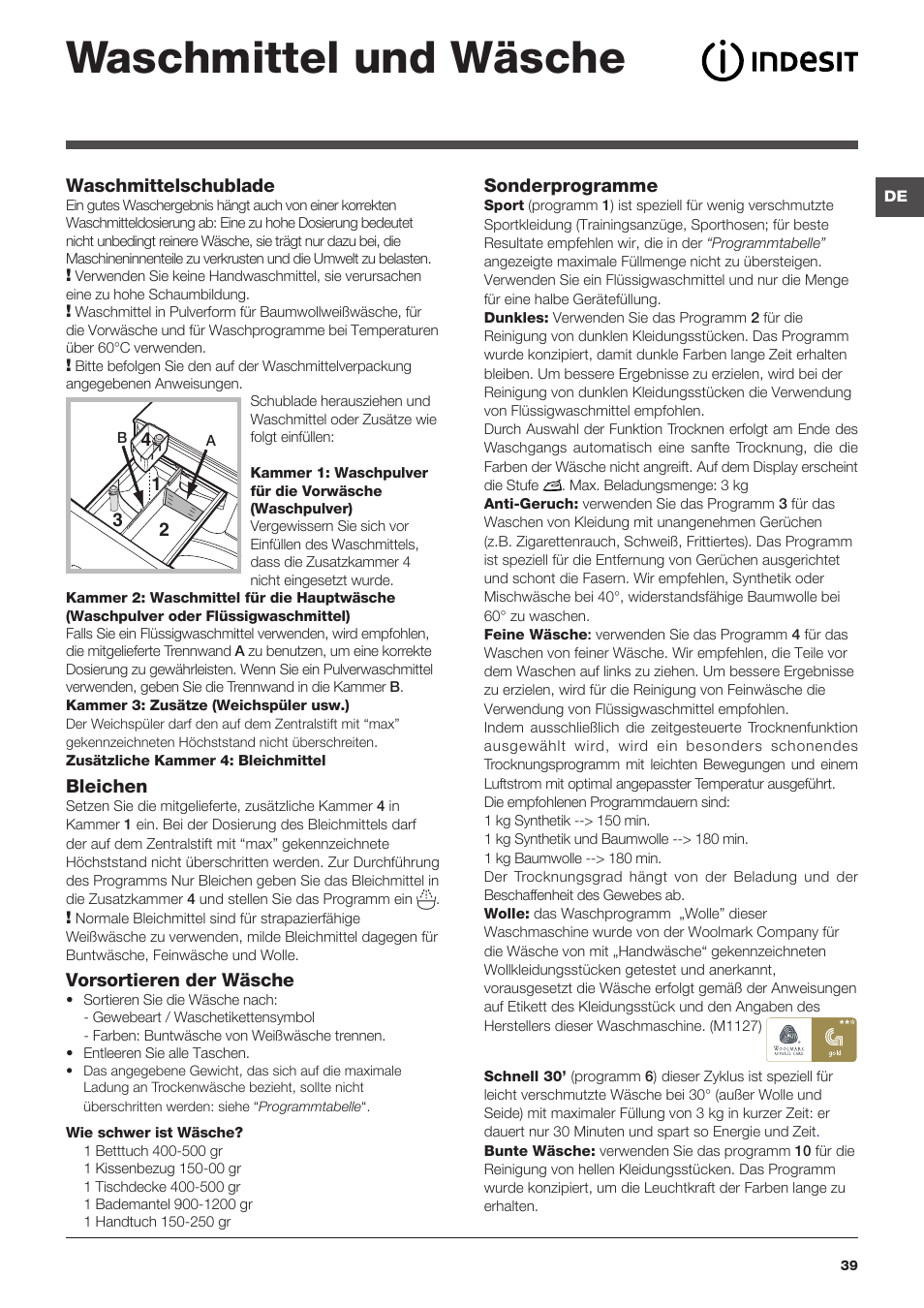Waschmittel und wäsche | Indesit XWDE-861480X-W-EU User Manual | Page 39 / 84