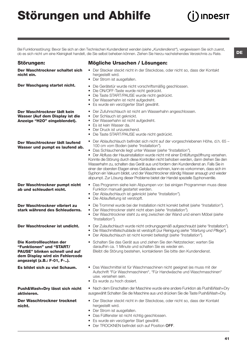 Störungen und abhilfe | Indesit XWDE-861480X-W-EU User Manual | Page 41 / 84