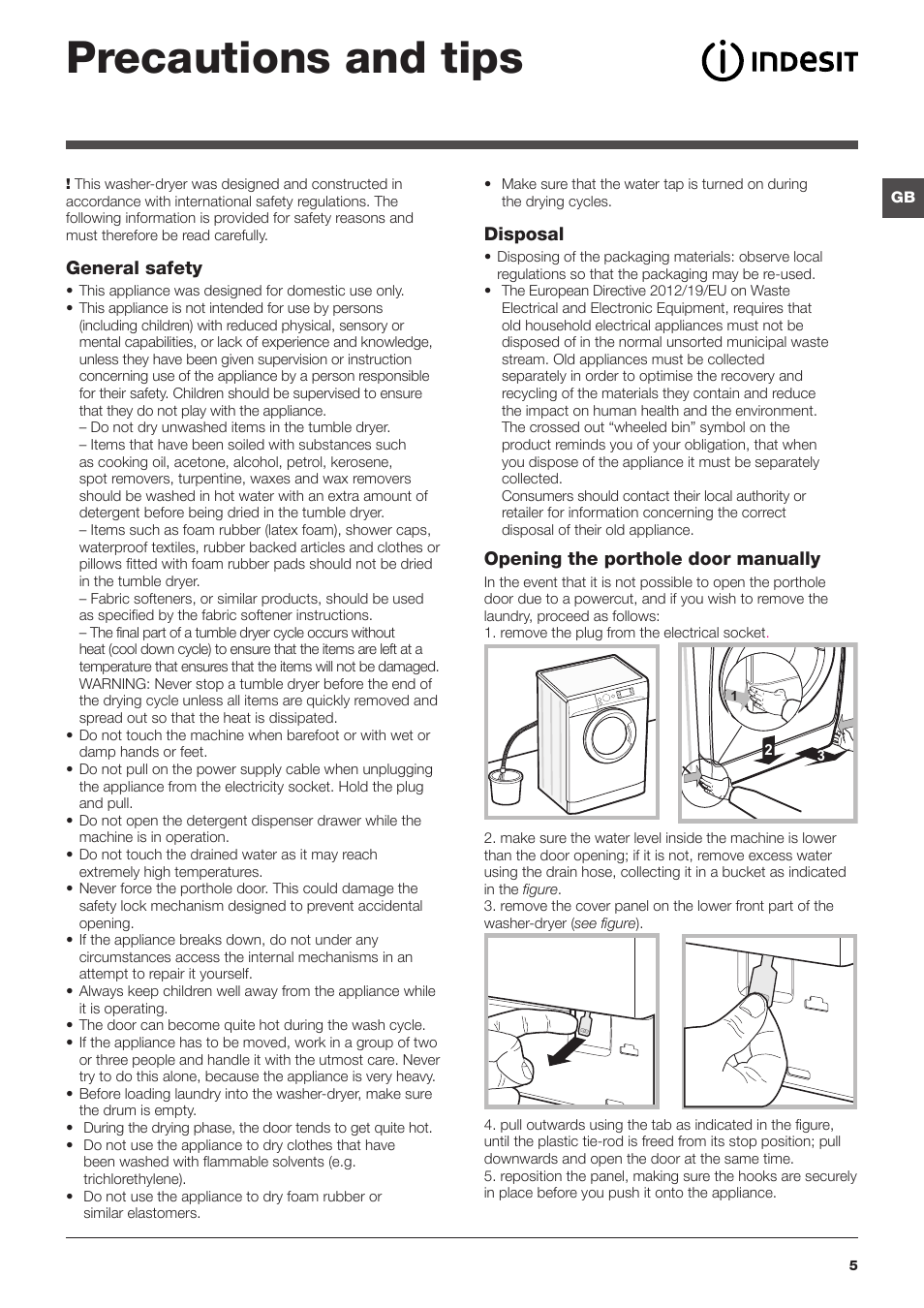 Precautions and tips, General safety, Disposal | Opening the porthole door manually | Indesit XWDE-861480X-W-EU User Manual | Page 5 / 84