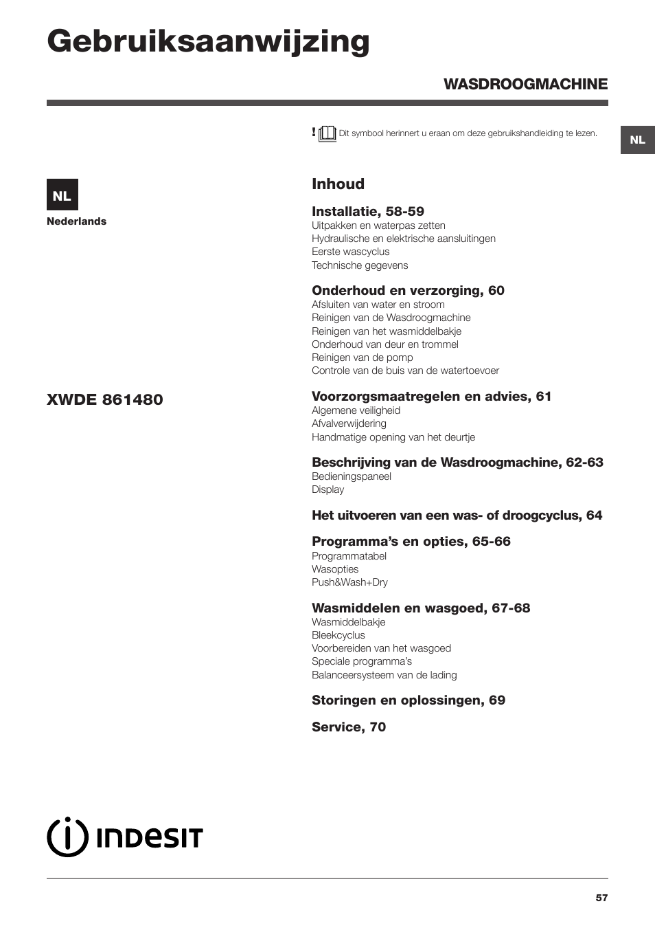 Gebruiksaanwijzing, Wasdroogmachine, Inhoud | Indesit XWDE-861480X-W-EU User Manual | Page 57 / 84