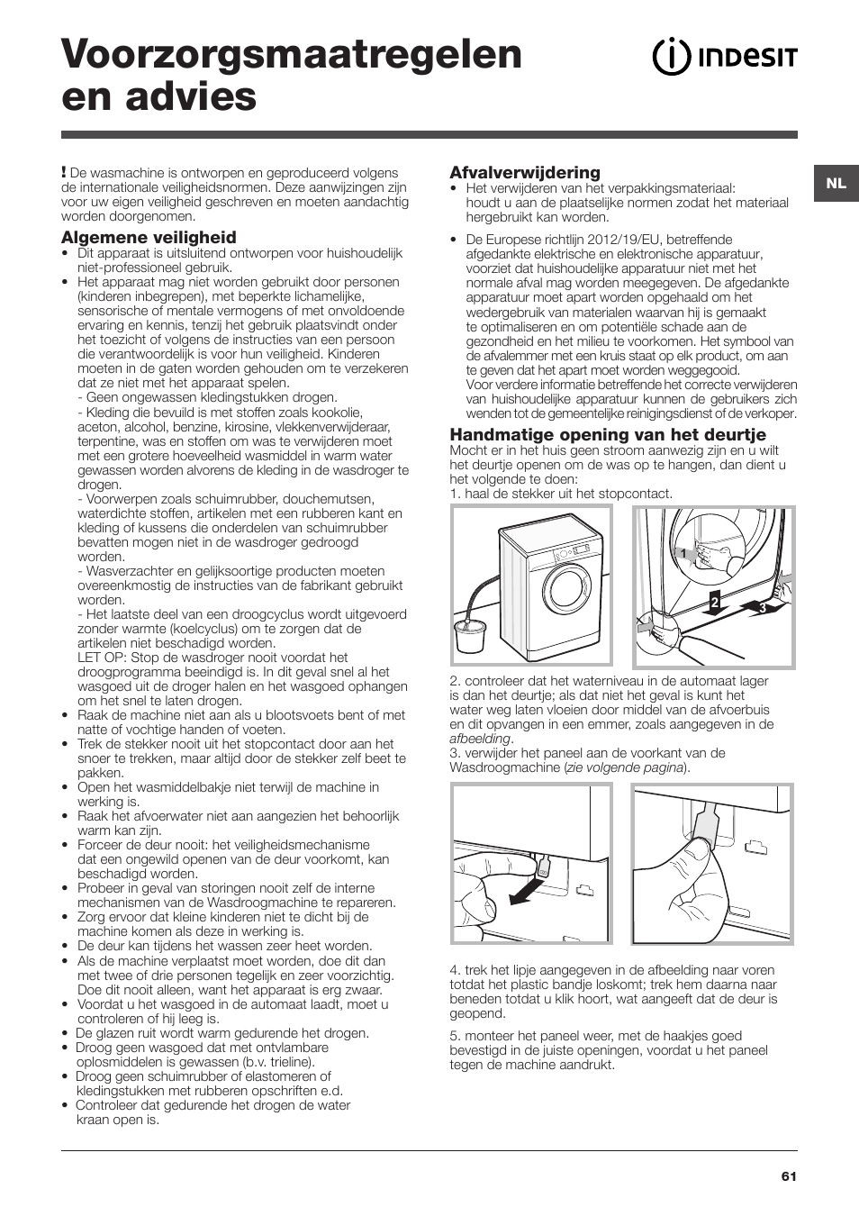 Voorzorgsmaatregelen en advies, Afvalverwijdering, Handmatige opening van het deurtje | Algemene veiligheid | Indesit XWDE-861480X-W-EU User Manual | Page 61 / 84