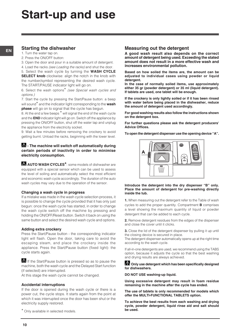 Start-up and use, Measuring out the detergent, Starting the dishwasher | Indesit DPG-26T9-A-NX-EU User Manual | Page 10 / 44