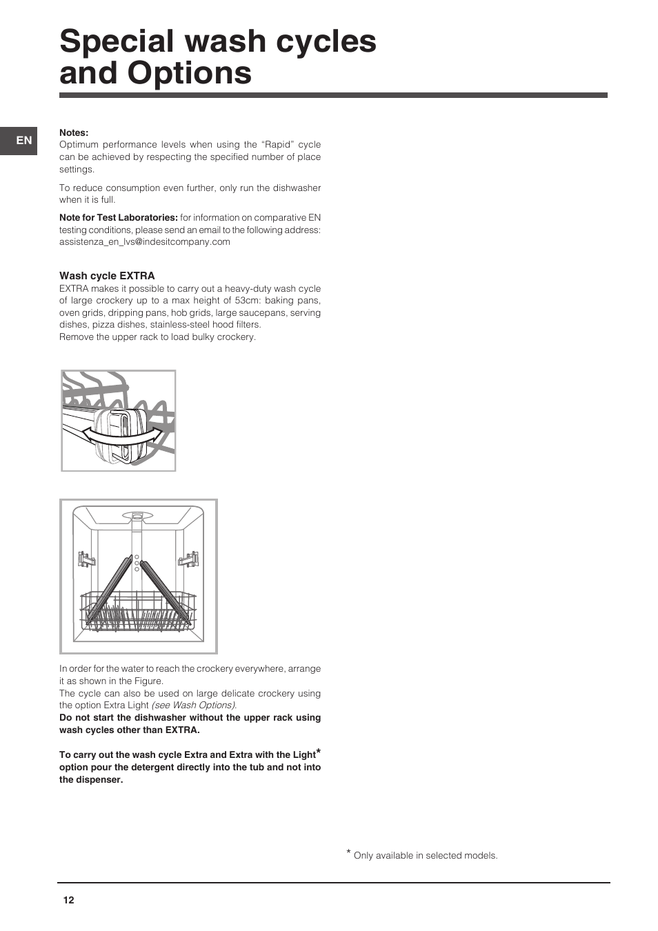 Special wash cycles and options | Indesit DPG-26T9-A-NX-EU User Manual | Page 12 / 44