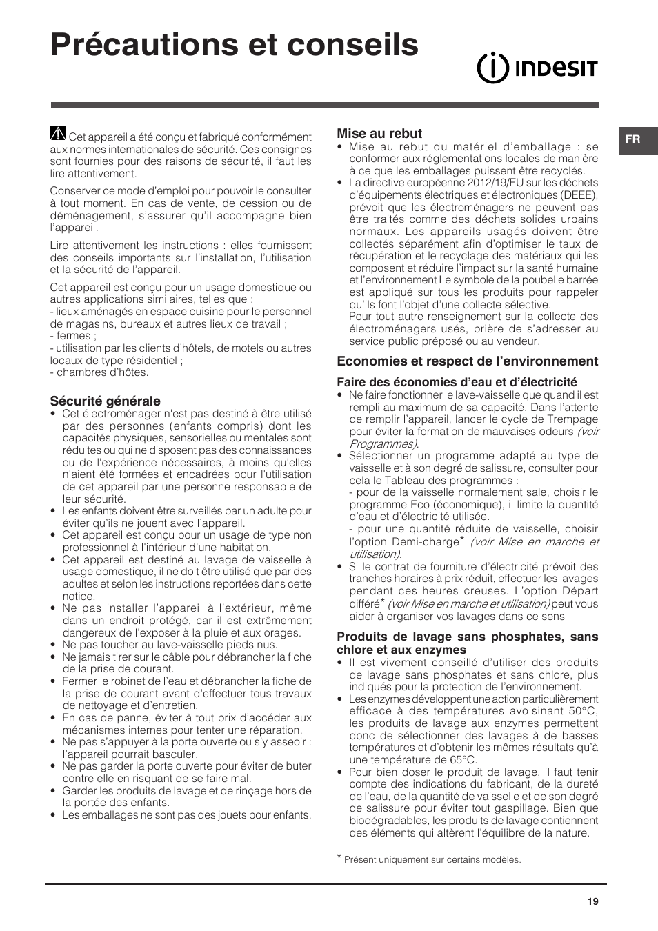 Précautions et conseils | Indesit DPG-26T9-A-NX-EU User Manual | Page 19 / 44
