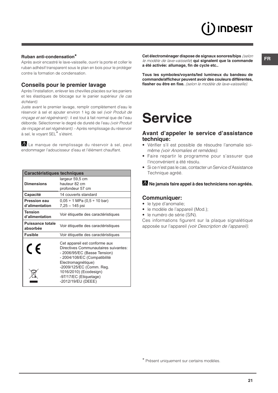 Service, Conseils pour le premier lavage, Avant d’appeler le service d’assistance technique | Communiquer | Indesit DPG-26T9-A-NX-EU User Manual | Page 21 / 44