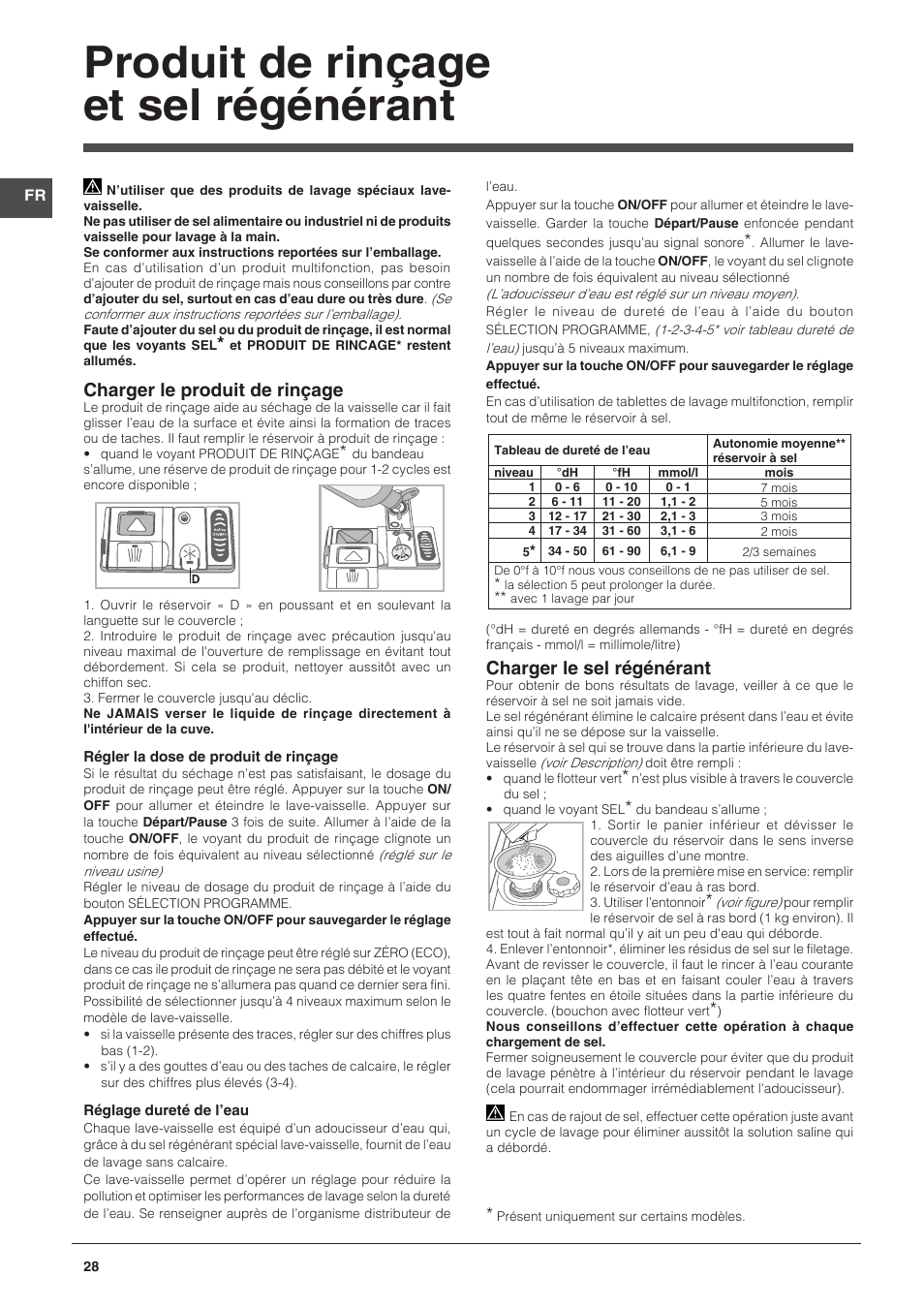 Produit de rinçage et sel régénérant, Charger le produit de rinçage, Charger le sel régénérant | Indesit DPG-26T9-A-NX-EU User Manual | Page 28 / 44