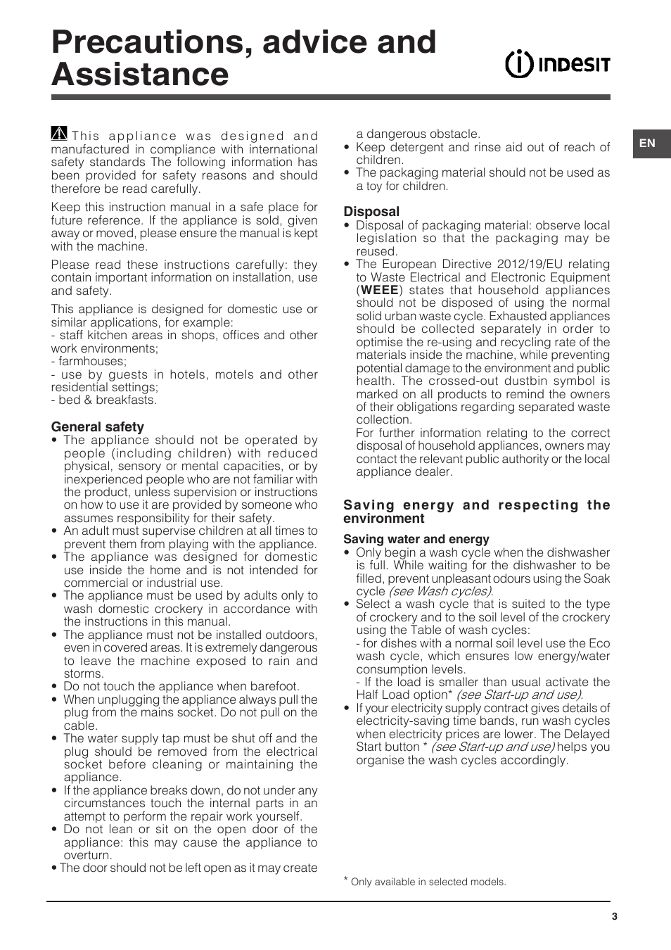Precautions, advice and assistance | Indesit DPG-26T9-A-NX-EU User Manual | Page 3 / 44