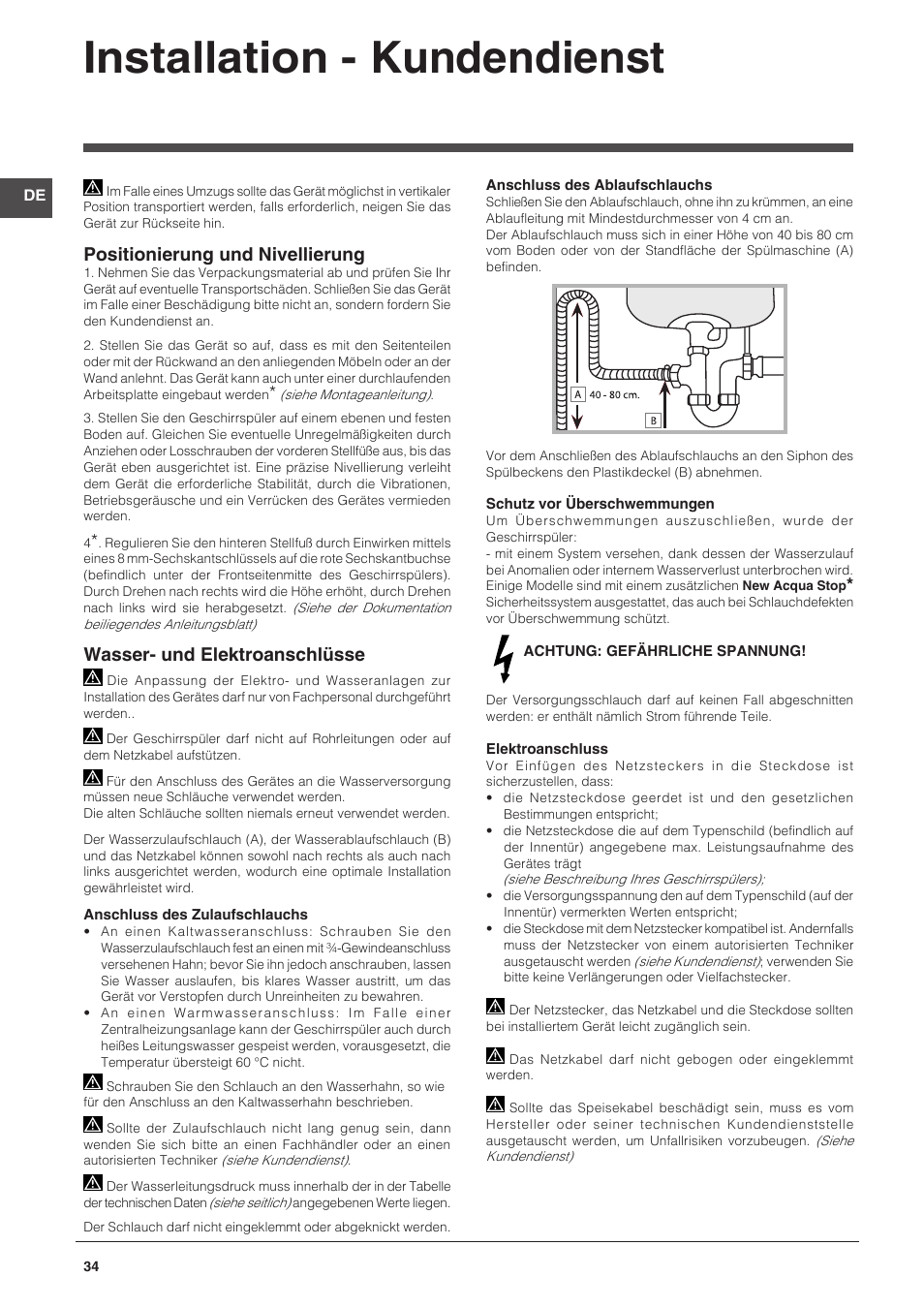 Installation - kundendienst, Positionierung und nivellierung, Wasser- und elektroanschlüsse | Indesit DPG-26T9-A-NX-EU User Manual | Page 34 / 44