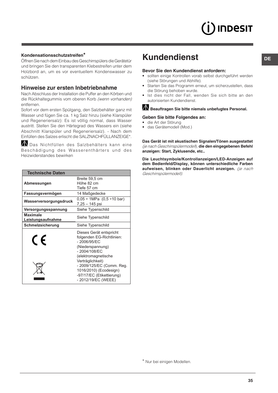 Kundendienst, Hinweise zur ersten inbetriebnahme | Indesit DPG-26T9-A-NX-EU User Manual | Page 35 / 44