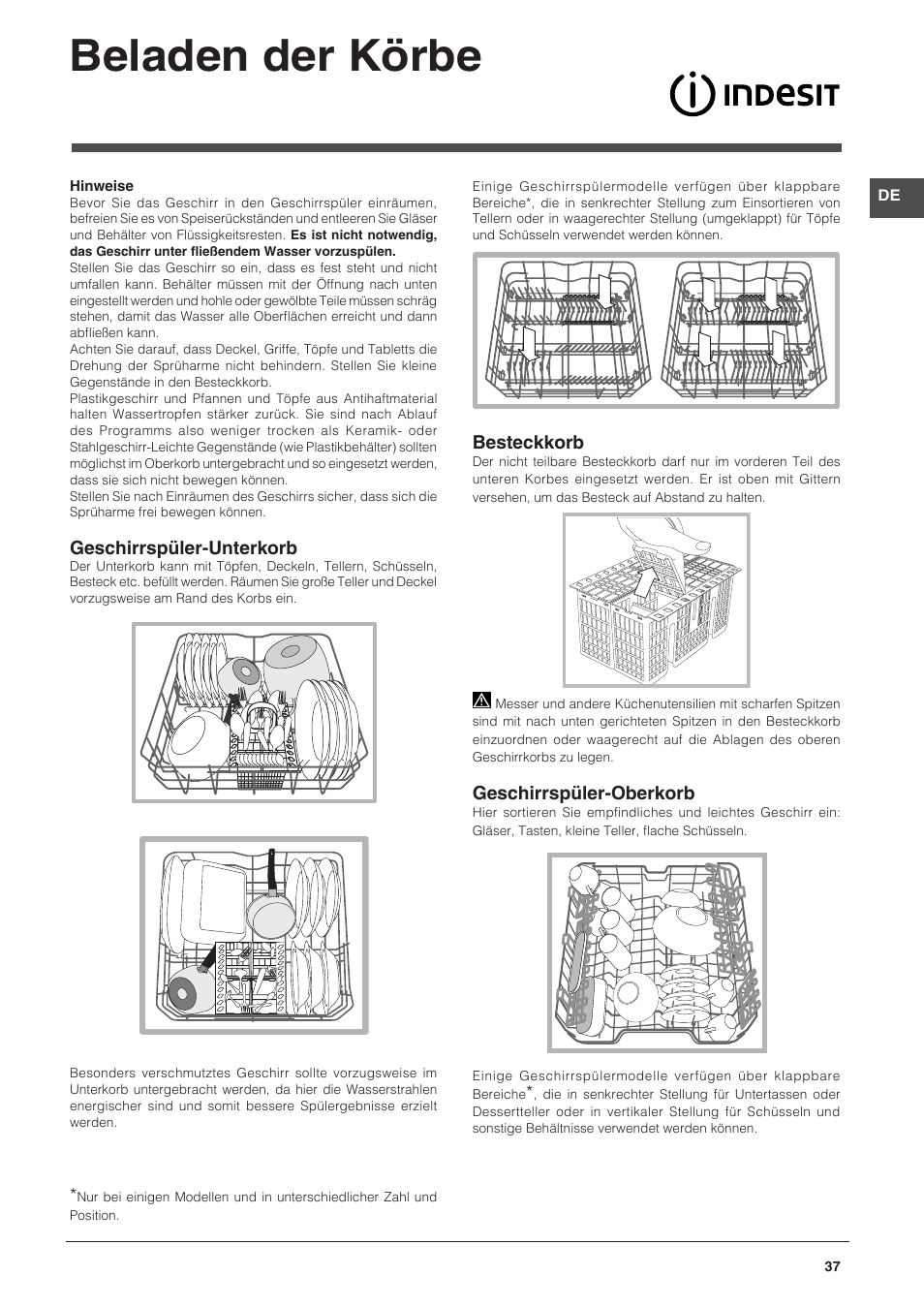 Beladen der körbe | Indesit DPG-26T9-A-NX-EU User Manual | Page 37 / 44