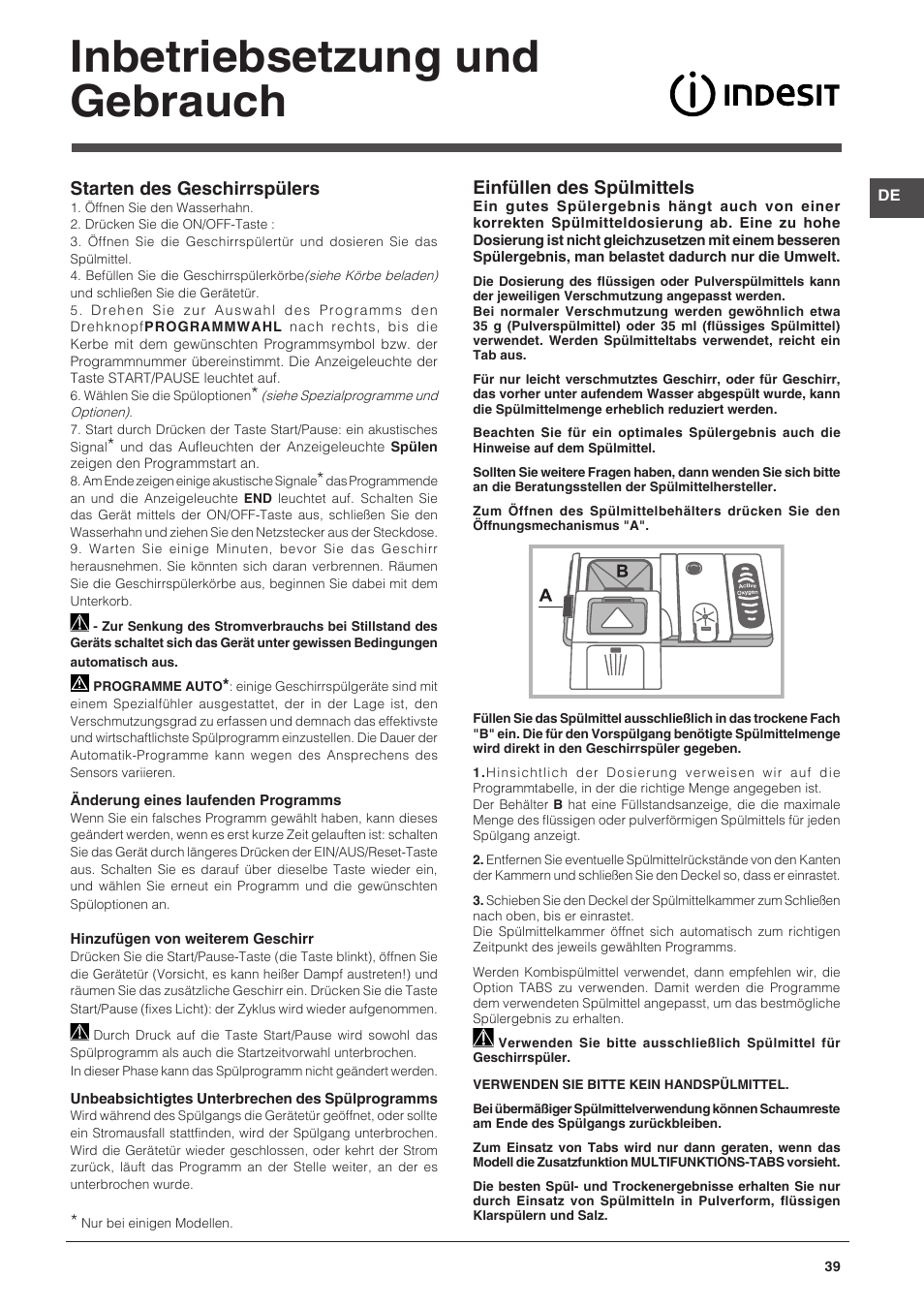 Inbetriebsetzung und gebrauch, Einfüllen des spülmittels, Starten des geschirrspülers | Indesit DPG-26T9-A-NX-EU User Manual | Page 39 / 44