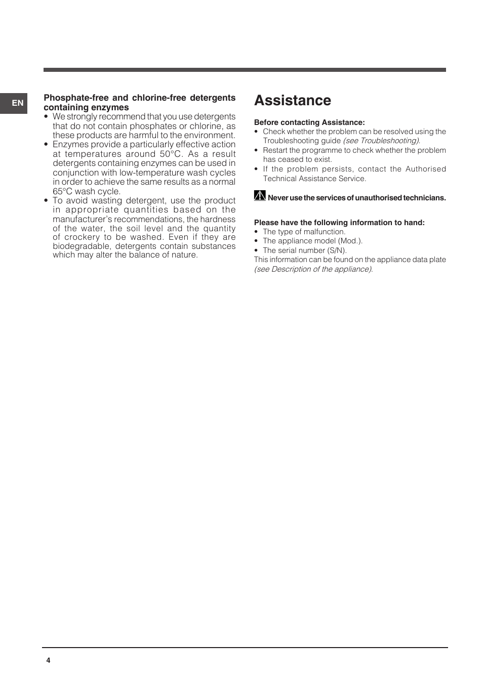 Assistance | Indesit DPG-26T9-A-NX-EU User Manual | Page 4 / 44