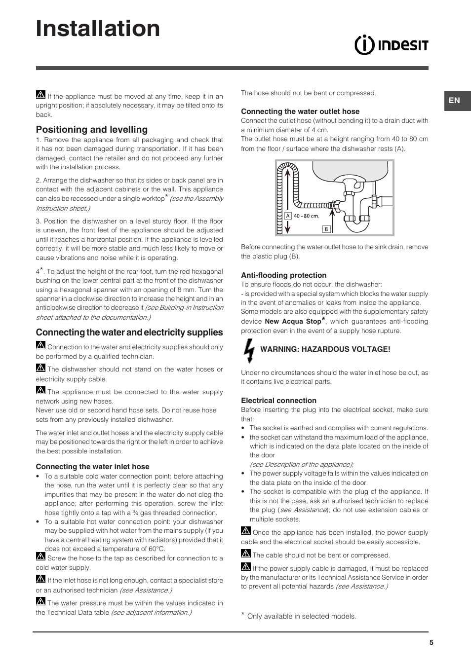 Installation, Positioning and levelling, Connecting the water and electricity supplies | Indesit DPG-26T9-A-NX-EU User Manual | Page 5 / 44