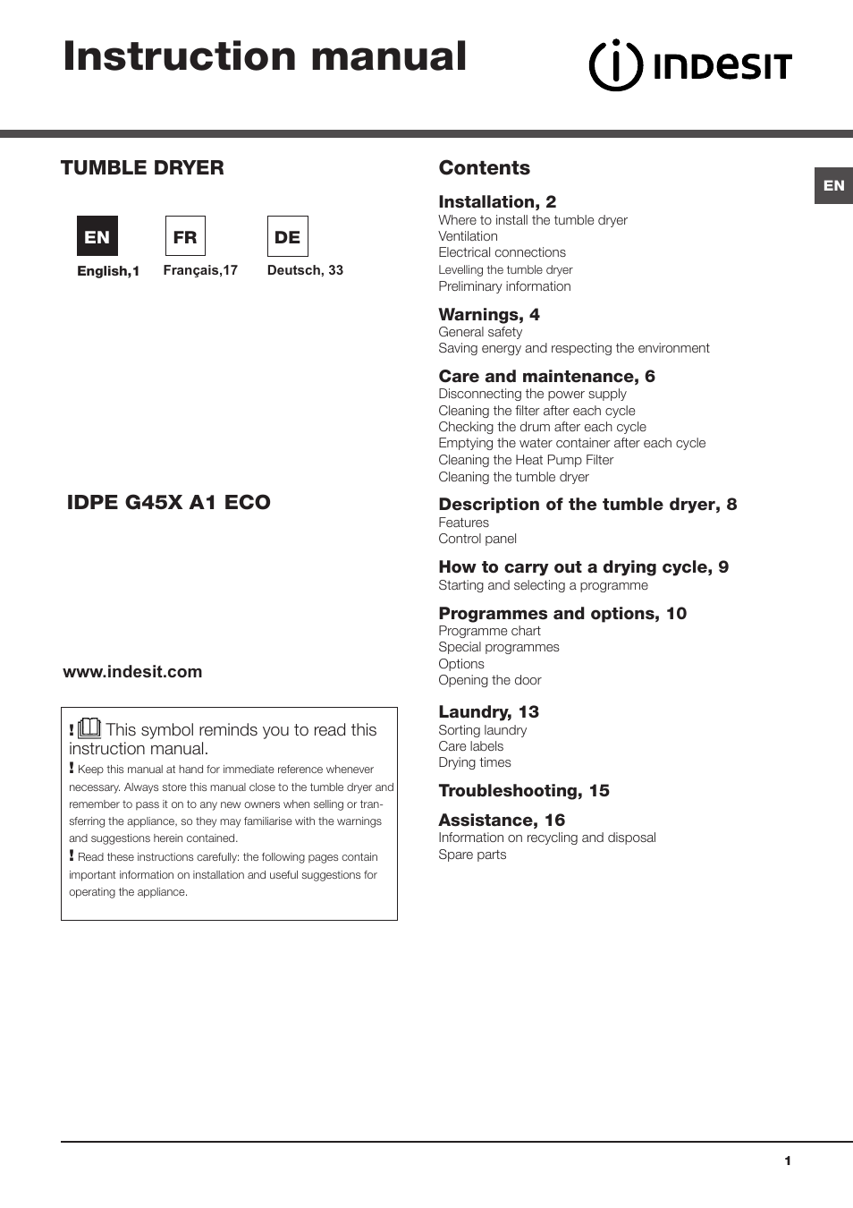 Indesit IDPE-G45X-A1-ECO(EU) User Manual | 48 pages