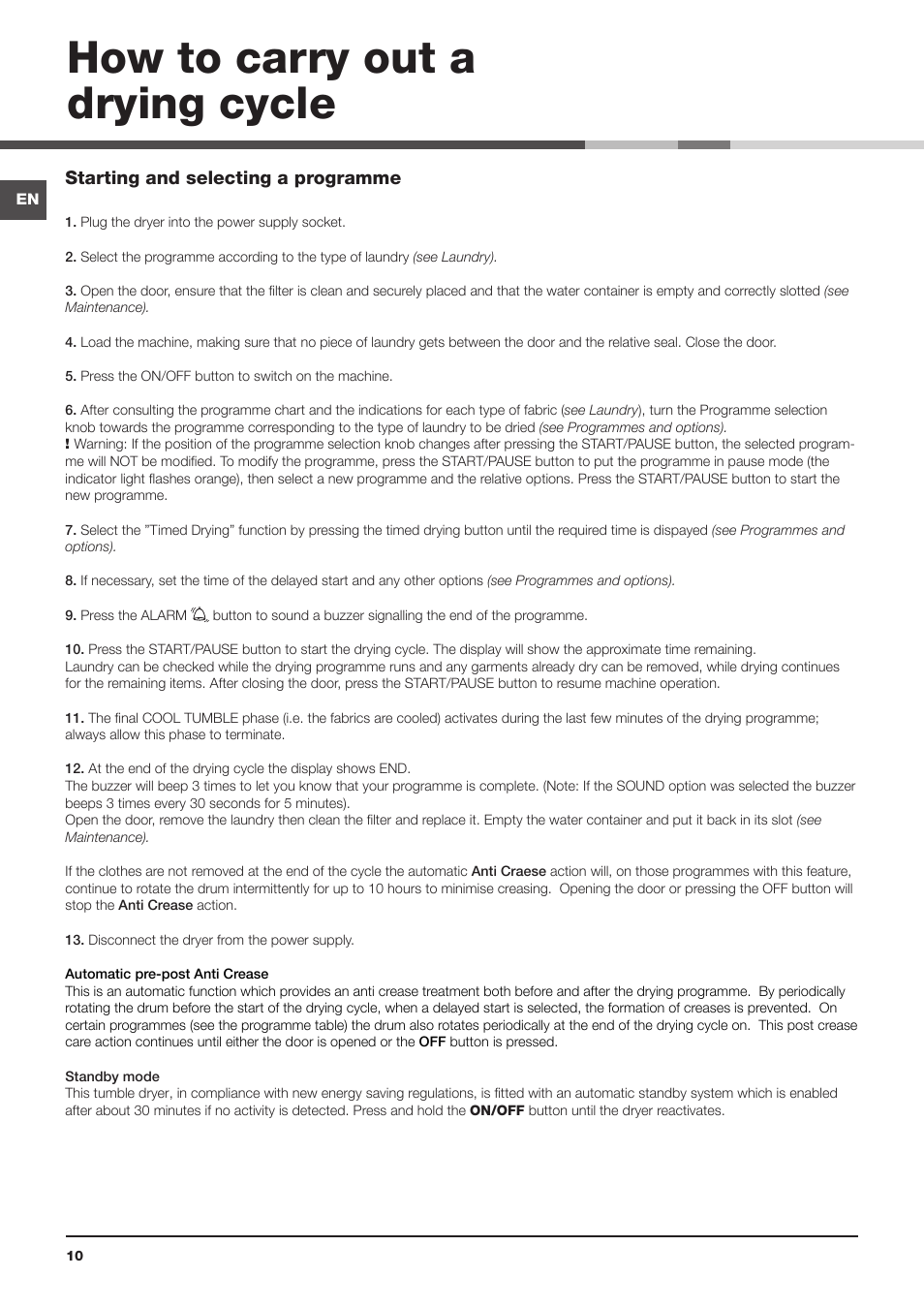 How to carry out a drying cycle | Indesit IDPE-G45X-A1-ECO(EU) User Manual | Page 10 / 48