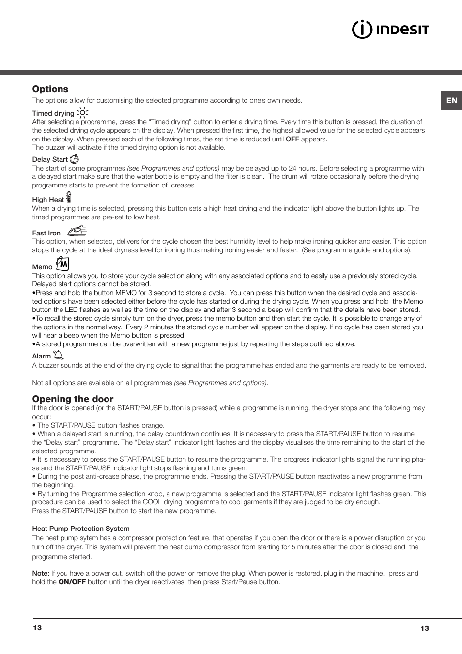 Options, Opening the door | Indesit IDPE-G45X-A1-ECO(EU) User Manual | Page 13 / 48