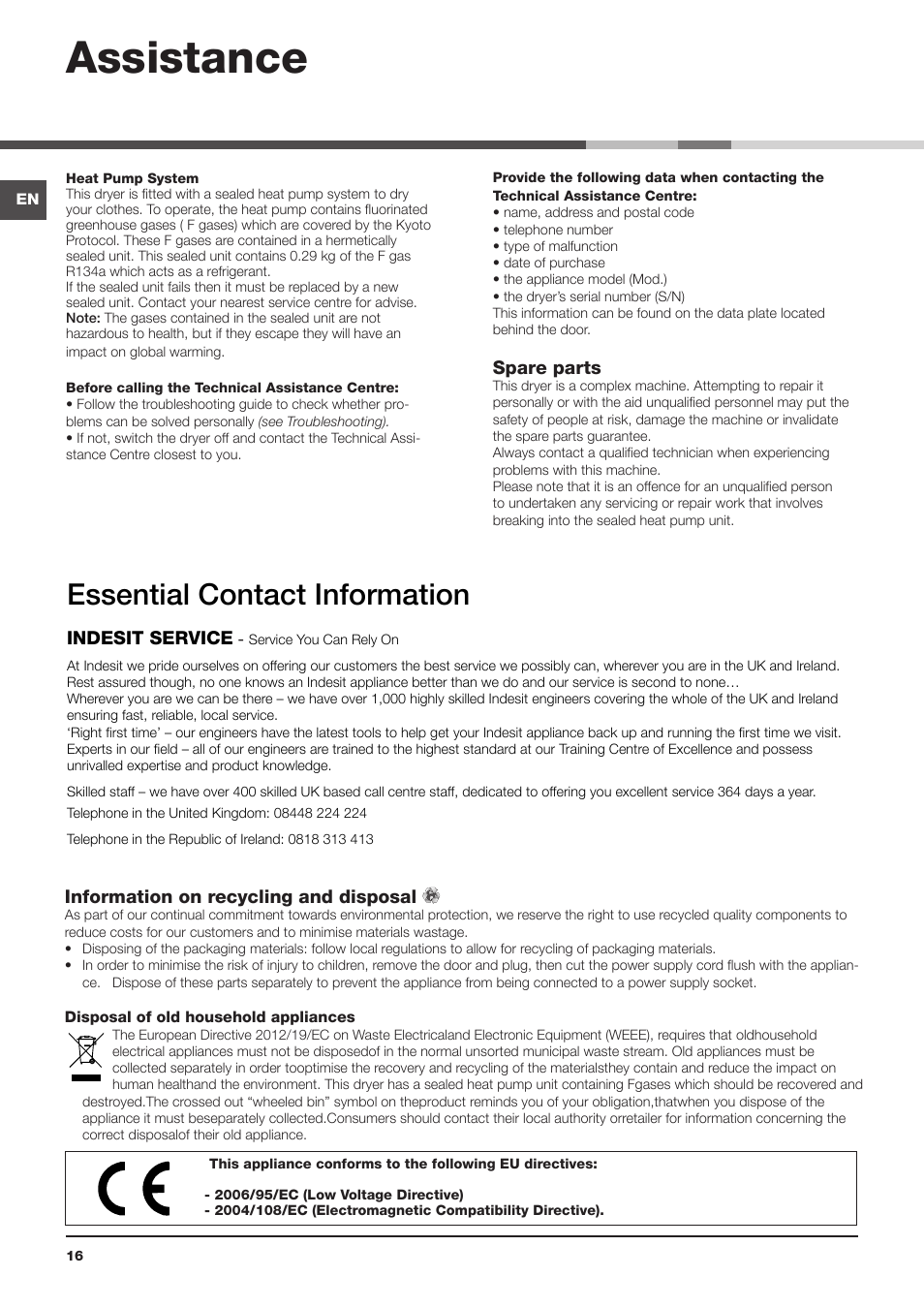Assistance, Essential contact information | Indesit IDPE-G45X-A1-ECO(EU) User Manual | Page 16 / 48