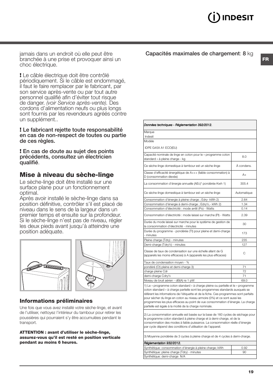 Installation, Où installer le sèche-linge, Raccordement électrique | Mise à niveau du sèche-linge | Indesit IDPE-G45X-A1-ECO(EU) User Manual | Page 19 / 48