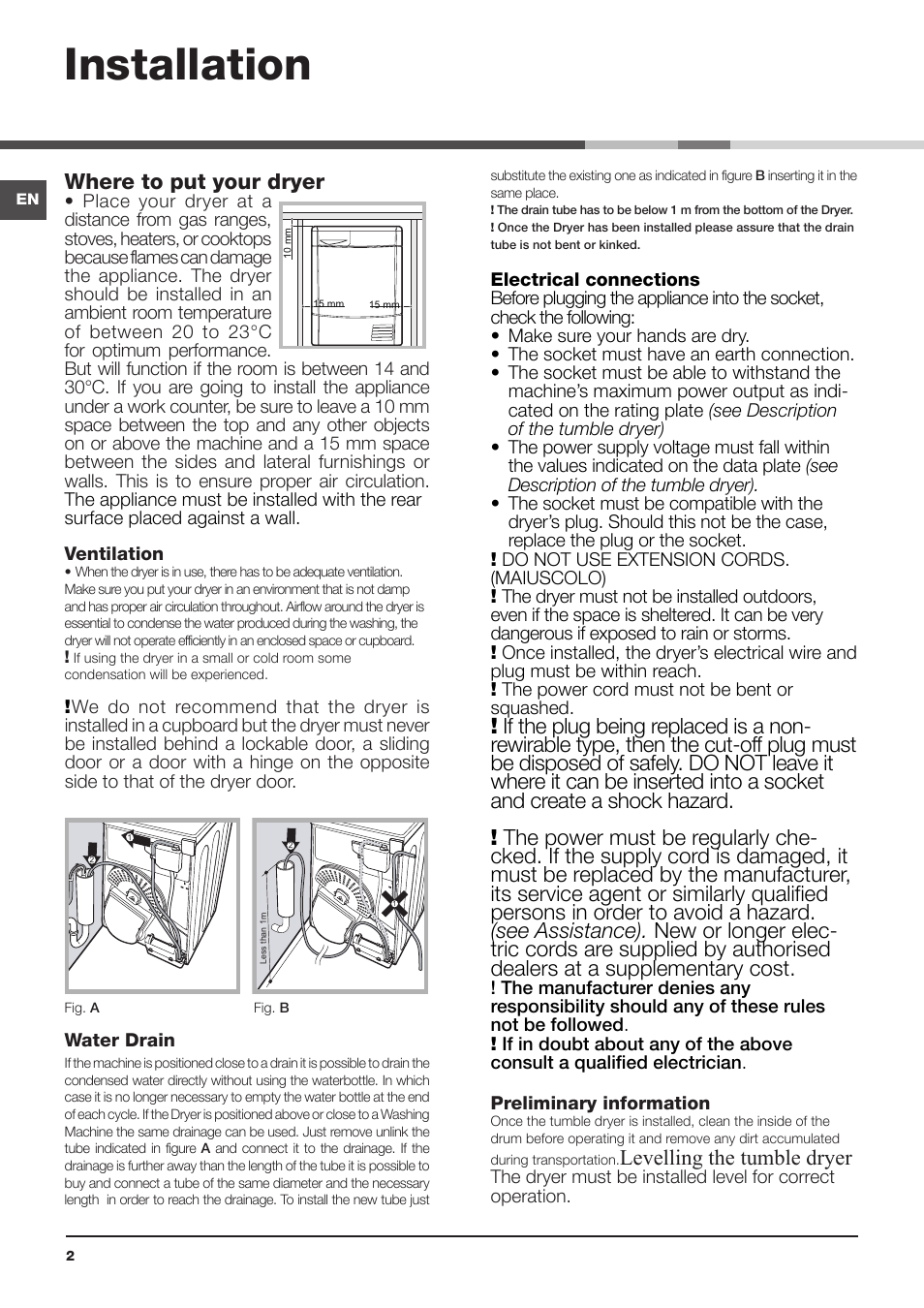 Installation, Where to put your dryer, Levelling the tumble dryer | Indesit IDPE-G45X-A1-ECO(EU) User Manual | Page 2 / 48