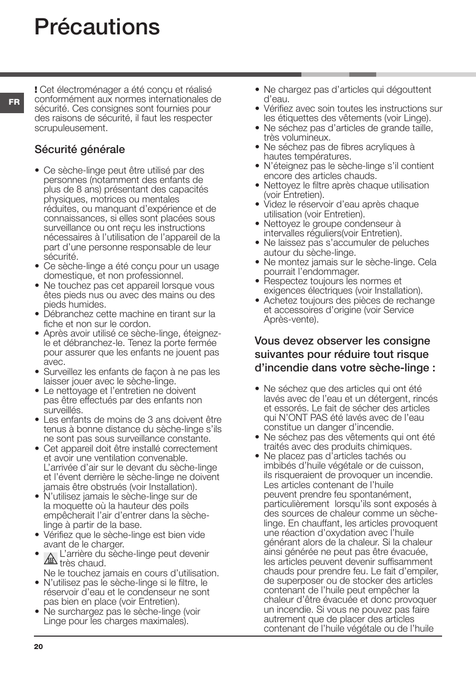 Précautions | Indesit IDPE-G45X-A1-ECO(EU) User Manual | Page 20 / 48