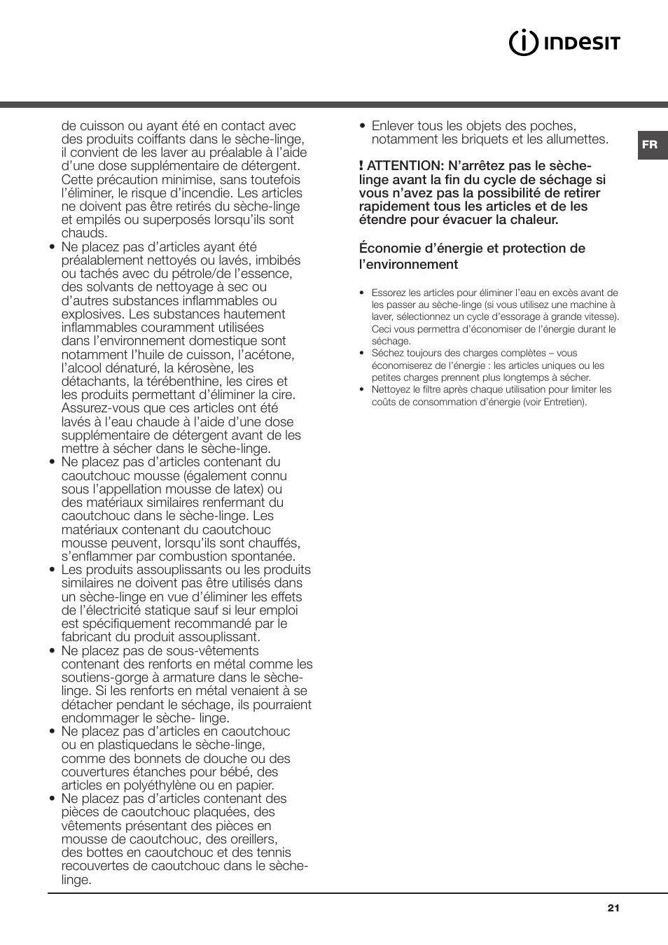 Précautions | Indesit IDPE-G45X-A1-ECO(EU) User Manual | Page 21 / 48