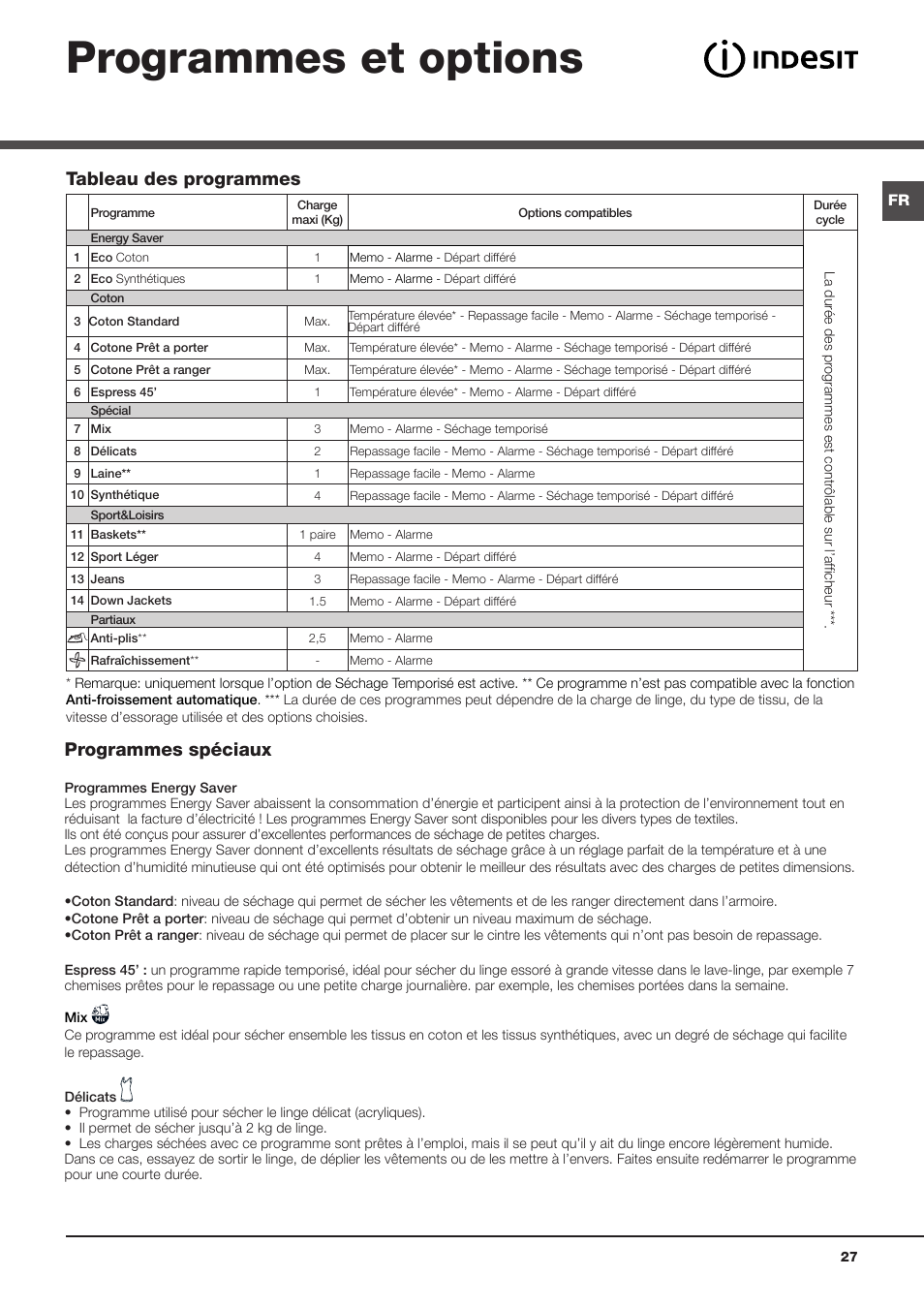 Programmes et options, Tableau des programmes, Programmes spéciaux | Indesit IDPE-G45X-A1-ECO(EU) User Manual | Page 27 / 48