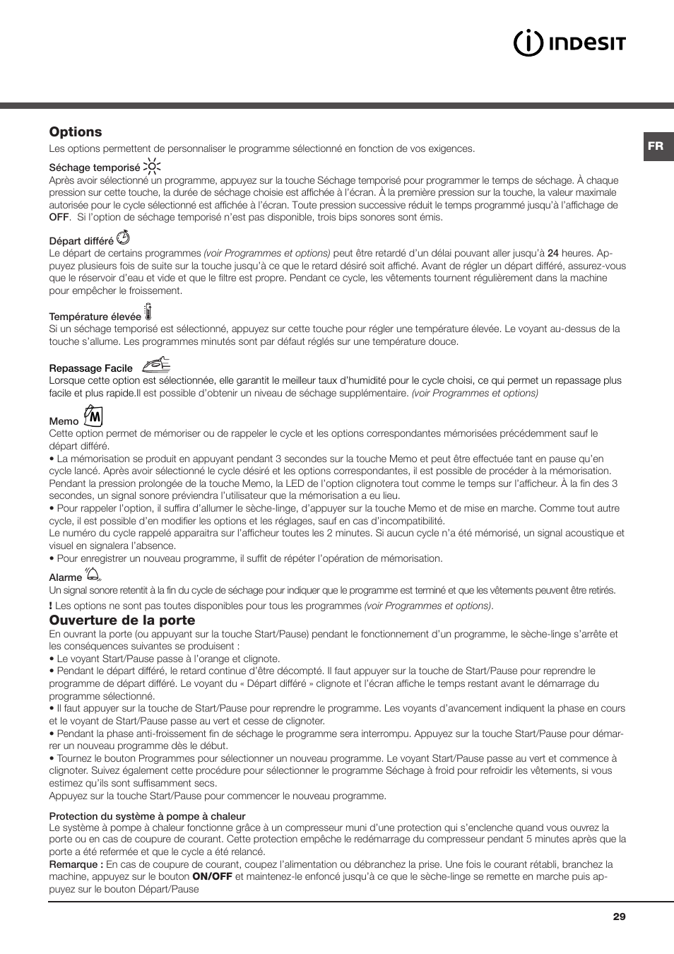 Options, Ouverture de la porte | Indesit IDPE-G45X-A1-ECO(EU) User Manual | Page 29 / 48