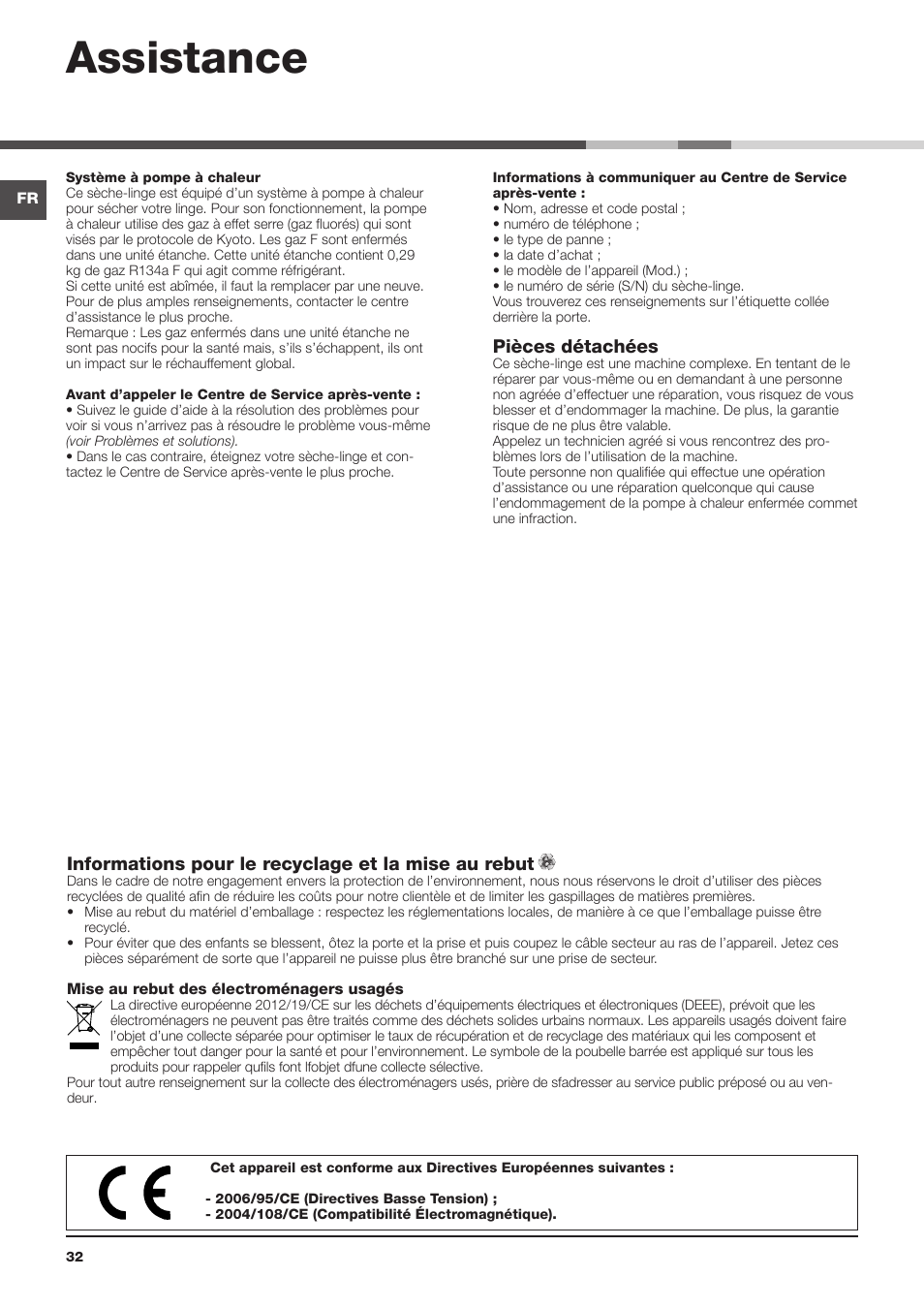 Assistance, Pièces détachées, Informations pour le recyclage et la mise au rebut | Indesit IDPE-G45X-A1-ECO(EU) User Manual | Page 32 / 48