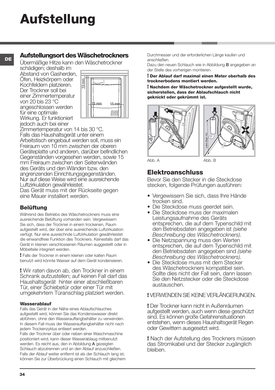 Aufstellung, Aufstellungsort des wäschetrockners, Elektroanschluss | Ausrichtung des wäschetrockners | Indesit IDPE-G45X-A1-ECO(EU) User Manual | Page 34 / 48