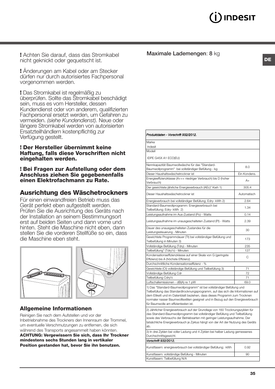 Aufstellung, Aufstellungsort des wäschetrockners, Elektroanschluss | Ausrichtung des wäschetrockners | Indesit IDPE-G45X-A1-ECO(EU) User Manual | Page 35 / 48