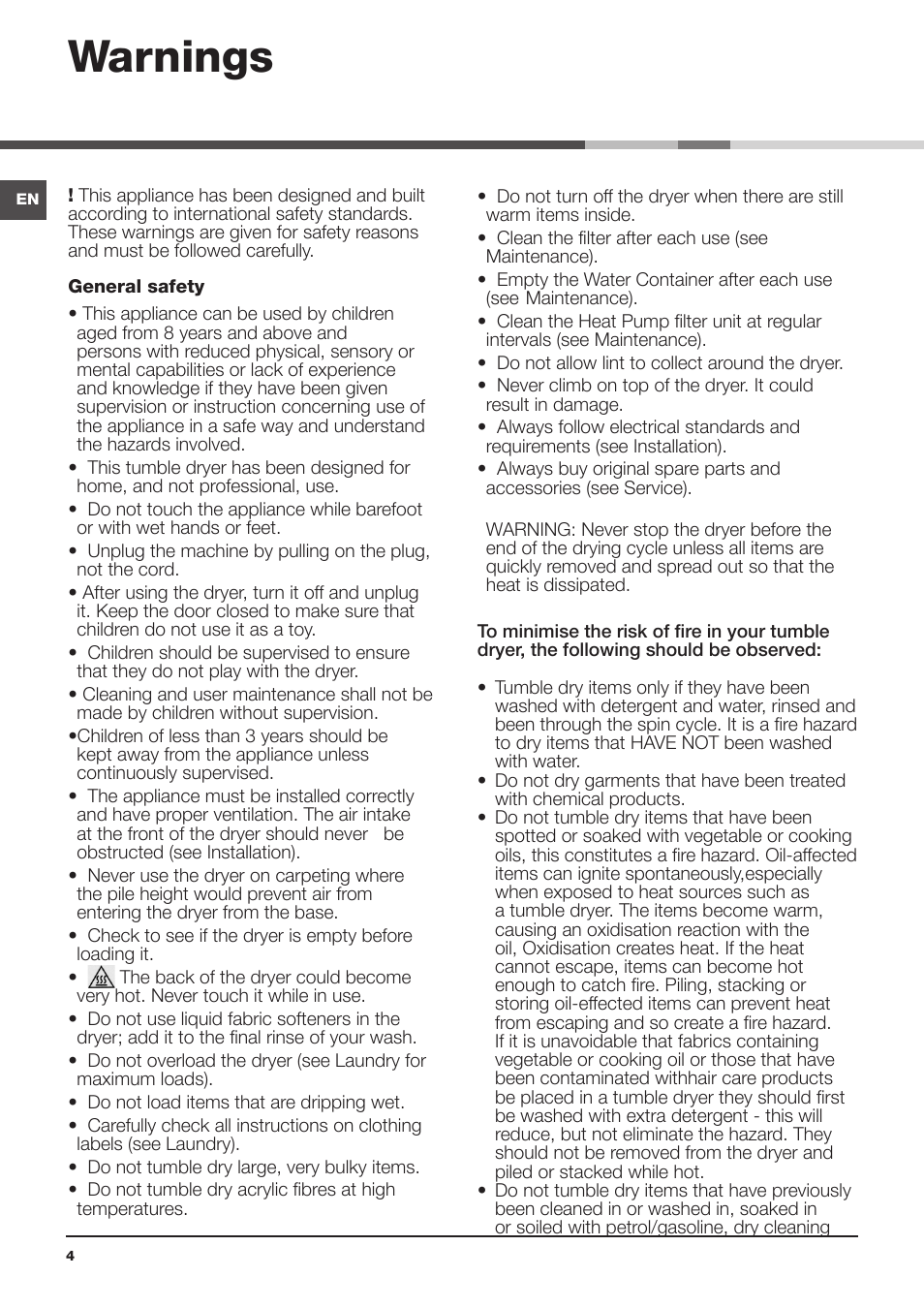 Warnings | Indesit IDPE-G45X-A1-ECO(EU) User Manual | Page 4 / 48